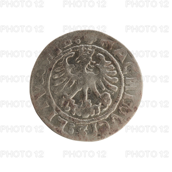 Lithuanian half-grosz, Sigismund I the Old (King of Poland; 1506–1548). Obverse: Pogon (Lithuanian coat of arms) turned left; in the rim between pearl borders an inscription: ON, IGI, MVNDI:1519. Reverse: Polish crowned eagle; in the rim between pearl borders an inscription: MAG, DVCIS:LI, VA, 1519. Jagiellon dynasty; Grand Duchy of Lithuania, Vilnius, Poland. Coin.