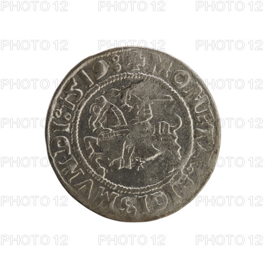 Lithuanian half-grosz, Sigismund I the Old (king of Poland; 1506–1548). Silver coin (half-grosz), dated 1519. Obverse: Pursuer (Pogonia) turned left; in the rim between pearl borders an inscription: + COIN:SIGISMVNDI:1519. Reverse: Polish crowned eagle; in the rim between pearl borders an inscription: + MAG, I:DVCIS:LITVA, IE:, 1519. Associated with the Jagiellon dynasty; emblems: eagle and Pursuer (Lithuania); Grand Duchy of Lithuania, Vilnius; Poland.