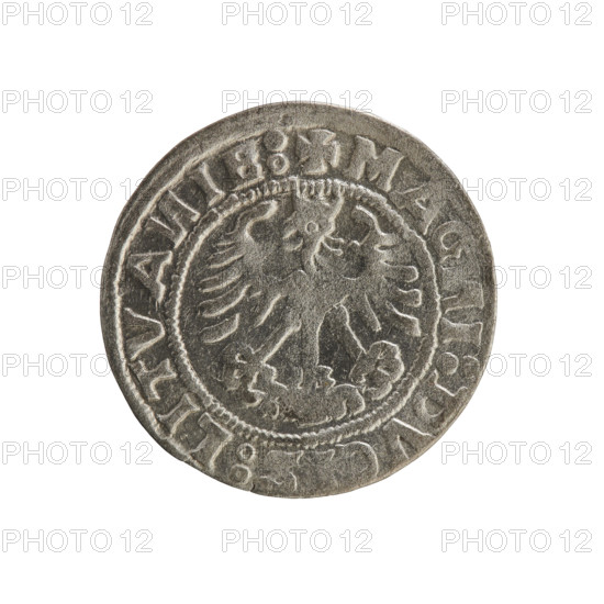 Lithuanian half-grosz, Sigismund I the Old (king of Poland; 1506–1548). Obverse: Pursuer (Lithuanian emblem) turned left; rim between pearl borders inscription '+ COIN:SIGISMVNDI:1519'. Reverse: Polish crowned eagle; rim between pearl borders inscription '+ MAG, I:DVCIS:LITVA, IE:, 1519'. Jagiellon dynasty; emblems: eagles. Grand Duchy of Lithuania; Vilnius; coin.