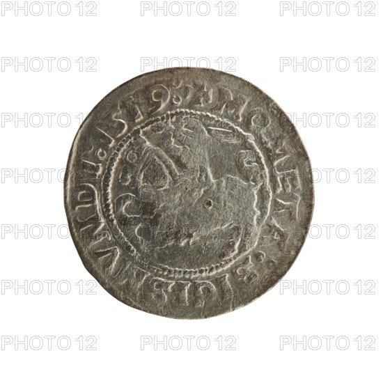 Lithuanian half-grosz, Sigismund I the Old (king of Poland; 1506–1548). Obverse: Pursuer (Pogonia) turned left; in the rim between pearl borders an inscription: + COIN:SIGISMVNDI:1519:. Reverse: Polish crowned eagle; in the rim between pearl borders an inscription: + MAG, I:DVCIS:LITVA, IE:, 1519. Polish coin of the Jagiellon dynasty; Grand Duchy of Lithuania; Vilnius.
