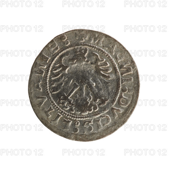 Lithuanian half-grosz, Sigismund I the Old (king of Poland; 1506–1548). Obverse: Pursuer (Lithuanian emblem) turned left; in rim between pearl borders an inscription: + COIN:SIGISMVNDI:1519:. Reverse: Crowned Polish eagle; in rim between pearl borders an inscription: + MAG, I:DVCIS:LITVA, IE:, 1519. Polish coin, Jagiellon dynasty; Grand Duchy of Lithuania; Vilnius.