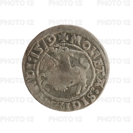 Lithuanian half-grosz, Sigismund I the Old (king of Poland, 1506–1548). Coin (1519). Obverse: Pursuer turned left; rim between pearl borders with inscription '+ MOETA: SIGI… DI: 1519'. Reverse: Crowned Polish eagle; rim between pearl borders with inscription '+ MAGI: DVCIS: LITVA… 1519'. Emblems: eagle and Pursuer. Function: coin for the Grand Duchy of Lithuania (Vilnius, Poland). Jagiellon dynasty.