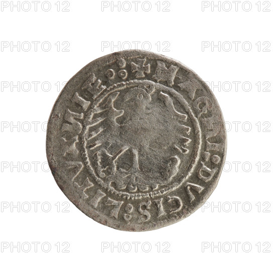 Lithuanian half-grosz, Sigismund I the Old (king of Poland; 1506–1548). Coin (1519). Obverse: Pursuer turned left; rim between pearl borders with inscription '+ MO, ETA:SIGI, DI:1519'. Reverse: Crowned Polish eagle; rim between pearl borders with inscription '+ MAG, I:DVCIS:LITVA, IE.:, 1519'. Emblems: eagles; Pursuer (Lithuania). Grand Duchy of Lithuania, Vilnius; Polish–Lithuanian context.