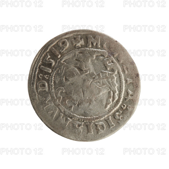 Lithuanian half-grosz, Sigismund I the Old (king of Poland; 1506–1548). Silver coin (half-grosz), 1519. Obverse: Pursuer (Lithuanian knight) turned left; in rim between pearl borders an inscription: + M, A:SIGI, VND:1519. Reverse: Polish crowned eagle; in rim between pearl borders an inscription: + MAG, IS:LITVANIE:, 1519. Emblems: eagle and Pursuer. Jagiellon dynasty; Grand Duchy of Lithuania; Vilnius; Poland.