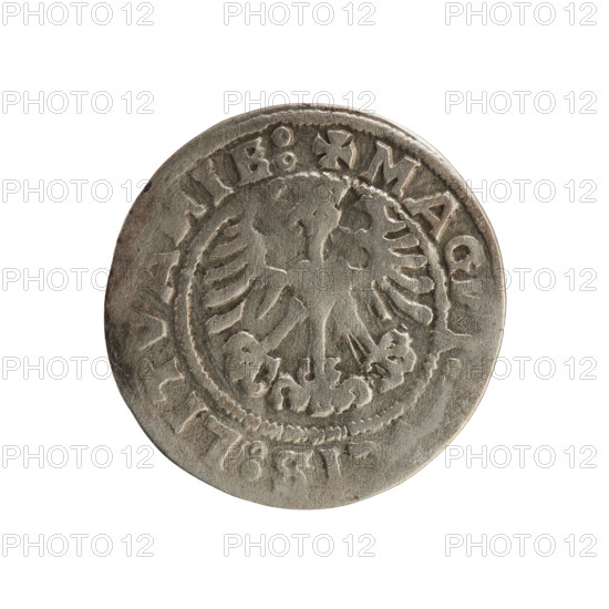 Lithuanian half-grosz, Sigismund I the Old (king of Poland; 1506–1548). Obverse: Pursuer (Lithuanian emblem) turned left; in the rim between pearl borders an inscription: + M, A:SIGI, VND:1519. Reverse: Polish crowned eagle; in the rim between pearl borders an inscription: + MAG, IS:LITVANIE:, 1519. Polish coin from the Grand Duchy of Lithuania (Vilnius).