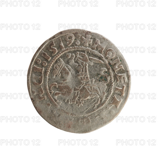Lithuanian half-grosz, Sigismund I the Old (king of Poland; 1506–1548). Polish coin of the Jagiellon dynasty. Obverse: Pursuer (emblem of Lithuania) turned left; in the rim between pearl borders an inscription: + COIN, N, I:1519:. Reverse: Polish crowned eagle; in the rim between pearl borders an inscription: + M, VCIS:LITVA, IE:, 1519. Grand Duchy of Lithuania, Vilnius.