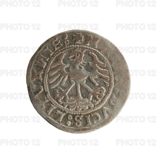 Lithuanian half-grosz of Sigismund I the Old (reigned 1506–1548). Obverse: Pursuer (Pogon) turned left; inscription in rim between pearl borders: + COIN, N, I:1519:. Reverse: crowned Polish eagle; inscription in rim between pearly borders: + M, VCIS:LITVA, IE:, 1519. Silver coin, Grand Duchy of Lithuania (Vilnius), Jagiellon dynasty; emblems: eagle and Pursuer.