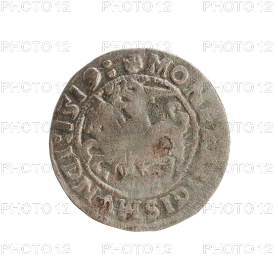 Lithuanian half-grosz, Sigismund I the Old (King of Poland; 1506–1548). Obverse: Pogon (Chasing Knight) turned left; in the rim between pearly borders an inscription: + MO, GISMVN, I:1519:. Reverse: Polish crowned eagle; in the rim between pearly borders an inscription: + MAG, I:DVCIS:LIT, .:, 1519. Jagiellon dynasty; emblems: eagle and Pogon. Grand Duchy of Lithuania, Vilnius; coin, silver.