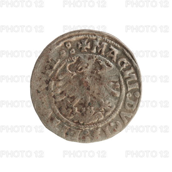 Lithuanian half-grosz, Sigismund I the Old (King of Poland; 1506–1548). Obverse: Pogon turned left; in the rim between pearly borders an inscription: + MO, GISMVN, I:1519:. Reverse: Polish crowned eagle; in the rim between pearly borders an inscription: + MAG, I:DVCIS:LIT, .:, 1519. Jagiellon dynasty; emblems: eagle and Pogon; Grand Duchy of Lithuania; coin; Vilnius; Poland.