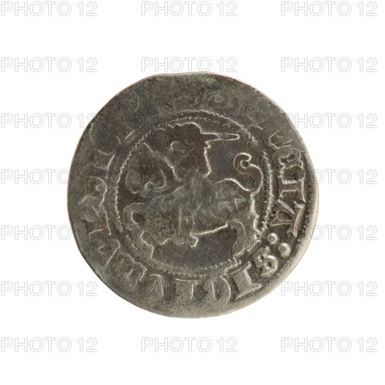 Lithuanian half-grosz, Sigismund I the Old (King of Poland; 1506–1548). Polish coin of the Jagiellon dynasty, 1508–1529. Obverse: Pogon (Lithuanian coat of arms) turned left; rim inscription ETA:SIGISMVNDI between pearly borders. Reverse: crowned Polish eagle; rim inscription + MAGNI:DVCI, IE: between pearly borders. Minted in Vilnius, Grand Duchy of Lithuania (Poland–Lithuania).