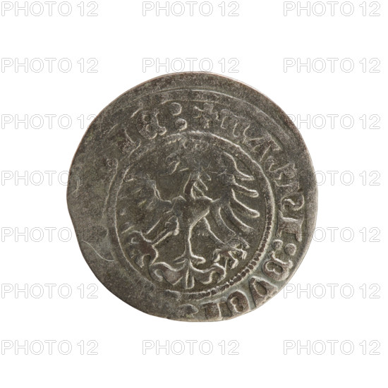 Lithuanian half-grosz, Sigismund I the Old (King of Poland; 1506–1548). Copper coin (half-grosz), 1508–1529, struck in Vilnius, Grand Duchy of Lithuania, Poland–Lithuania. Obverse: Pogon (Lithuanian mounted knight) turned left; legend in rim between pearl borders: ETA:SIGISMVNDI. Reverse: crowned Polish eagle; legend in rim between pearl borders: + MAGNI:DVCI, IE:. Features Jagiellon dynasty coats of arms and eagles.