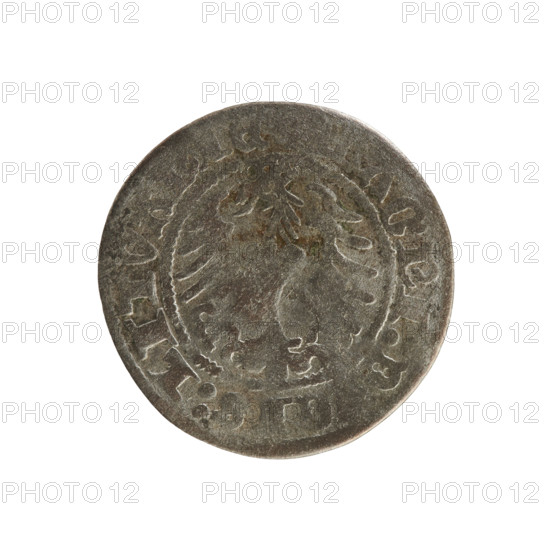 Lithuanian half-grosz, Sigismund I the Old (King of Poland; 1506–1548). Silver coin (half-grosz), 1508–1529, struck in Vilnius, Grand Duchy of Lithuania, Poland–Lithuania. Obverse: Pogon (Lithuanian mounted knight) turned left; rim between pearl-shaped borders bears an inscription. Reverse: crowned Polish Eagle; rim between pearl-shaped borders bears an inscription. Emblems: Pogon, Eagle; dynasty: Jagiellons.