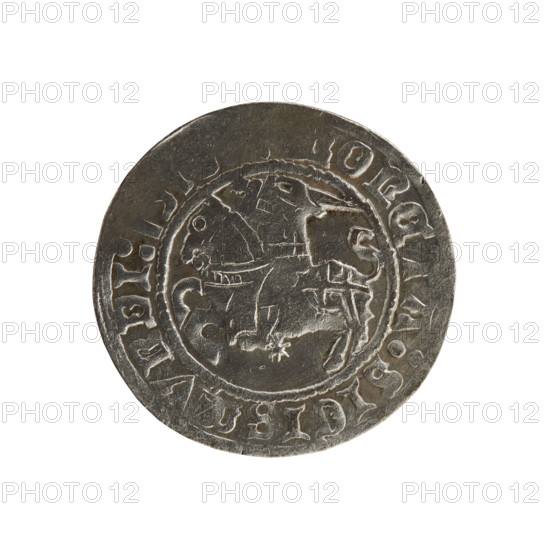 Lithuanian half-grosz, Sigismund I the Old (king of Poland; 1506–1548). Polish coin of the Jagiellon dynasty (1510–1529). Obverse: Pogon (Lithuanian mounted knight) turned left; in the rim between pearl borders an inscription: ONETA:SIGIS, VNDI:. Reverse: Polish crowned eagle; in the rim between pearl borders an inscription: + MA,:DVCIS:LITVANIE. Material: coin. Place: Grand Duchy of Lithuania, Vilnius.
