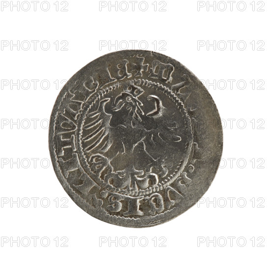 Lithuanian half-grosz, Sigismund I the Old (king of Poland; 1506–1548). Silver coin (half-grosz), Jagiellon dynasty; obverse: Pogon (Lithuanian coat of arms) turned left, rim between pearl borders with inscription ONETA:SIGIS, VNDI:; reverse: crowned Polish eagle, rim between pearl borders with inscription + MA,:DVCIS:LITVANIE. Date: 1510–1529. Minted in Vilnius, Grand Duchy of Lithuania (Poland–Lithuania).
