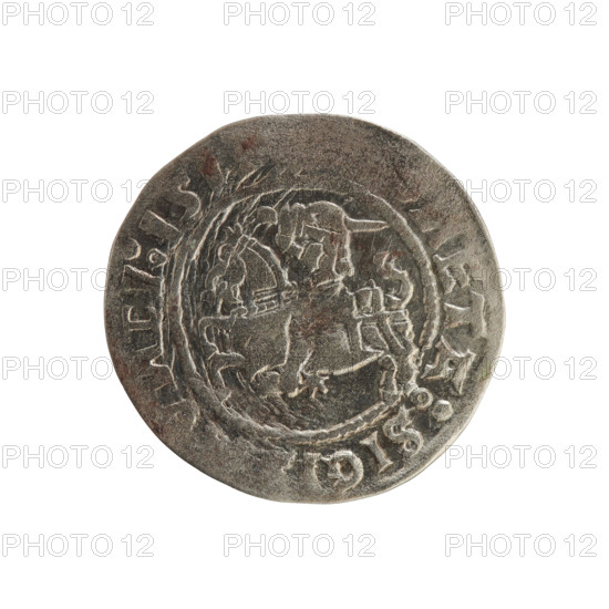 Lithuanian half-grosz, Sigismund I the Old (King of Poland; 1506–1548). Obverse: Pogon (Lithuanian mounted knight) turned to the left; rim between pearl borders with inscription 'ETA:SIGI, DI:151'. Reverse: Polish crowned Eagle; rim between pearl borders with inscription 'G, I:D, LITVA, IE, 1510–1529'. Polish coin of the Jagiellon dynasty; emblems include eagle and Pogon. Minted in Vilnius, Grand Duchy of Lithuania.