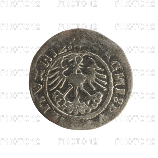 Lithuanian half-grosz, Sigismund I the Old (King of Poland; 1506–1548). Polish coin of the Jagiellon dynasty. Obverse: Pogon (Lithuanian mounted knight) turned to the left; rim between pearl borders with inscription 'ETA:SIGI, DI:151'. Reverse: Polish crowned eagle; rim between pearl borders with inscription 'G, I:D, LITVA, IE, 1510–1529'. Minted in Vilnius, Grand Duchy of Lithuania (Poland–Lithuania). Material: coin.