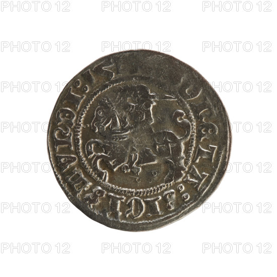 Lithuanian half-grosz, Sigismund I the Old (King of Poland; 1506–1548). Obverse: Pogon turned left; in the rim between pearl borders an inscription: ONETA:SIGISMVNDI:1510-1529. Reverse: Polish crowned eagle; in the rim between pearl borders an inscription: + MAGNI:DVCIS:LI. Dated 1510–1529. Silver coin (half-grosz), Grand Duchy of Lithuania, Vilnius.