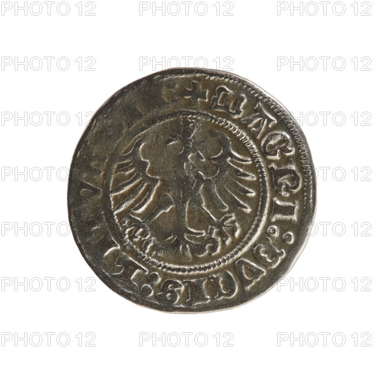 Lithuanian half-grosz, Sigismund I the Old (King of Poland; 1506–1548). Obverse: Pogon turned left; in the rim between pearl borders an inscription: ONETA:SIGISMVNDI:1510-1529. Reverse: Polish crowned eagle; in the rim between pearl borders an inscription: + MAGNI:DVCIS:LI. Date: 1510–1529. Material: coin; region: Poland, Grand Duchy of Lithuania, Vilnius.