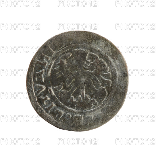 Lithuanian half-grosz, Sigismund I the Old (King of Poland; 1506–1548). Obverse: Pogon (Chase) turned left; in the rim between pearly borders the inscription SIGI I 1519. Reverse: Polish crowned eagle; in the rim between pearly borders the inscription LITVA I 1519. Polish coin of the Jagiellon dynasty, features coats of arms (Pogon, Eagle); Grand Duchy of Lithuania; Vilnius.
