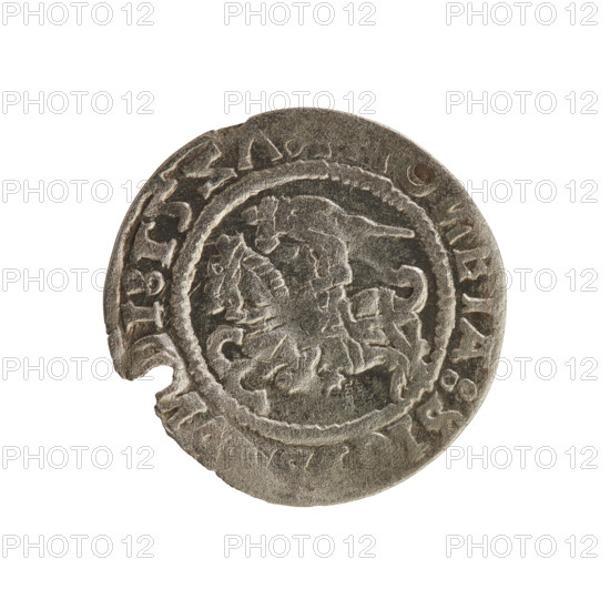 Lithuanian half-grosz, Sigismund I the Old (King of Poland; 1506–1548). Polish coin of the Jagiellon dynasty. Obverse: Pogon (Lithuanian coat of arms) turned left; in the rim between pearly borders an inscription: O, ETA:SI, I:15. Reverse: Polish crowned eagle; in the rim between pearly borders an inscription: I:DVCIS:, TVA, I, 1527. Minted in Vilnius, Grand Duchy of Lithuania.