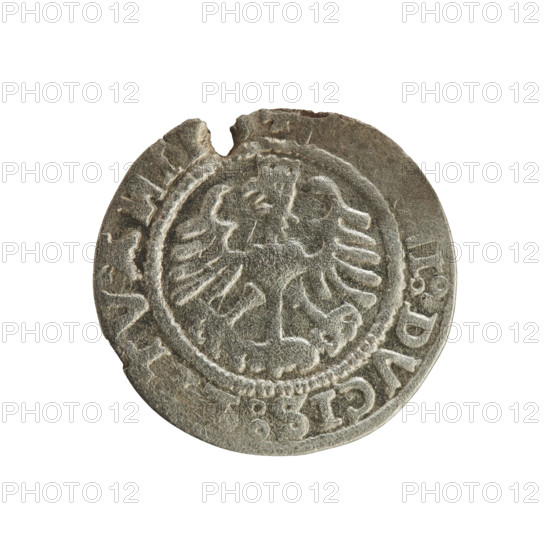 Lithuanian half-grosz, Sigismund I the Old (King of Poland; 1506–1548). Polish coin of the Jagiellon dynasty. Obverse: Pogon (Lithuanian coat of arms) turned left; in the rim between pearly borders an inscription: O, ETA:SI, I:15. Reverse: Polish crowned eagle; in the rim between pearly borders an inscription: I:DVCIS:, TVA, I, 1527. Minted in Vilnius, Grand Duchy of Lithuania, Poland.