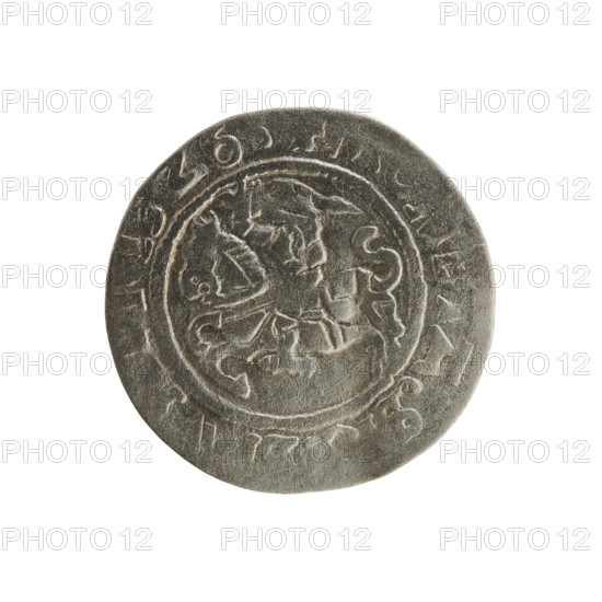 Lithuanian half-grosz, Sigismund I the Old (King of Poland; 1506–1548). Silver coin (half-grosz), 1526. Obverse: Pogon (Lithuanian coat of arms) turned left; in the rim between pearly borders the inscription TA SIG I 1526. Reverse: crowned Polish Eagle; in the rim between pearly borders the inscription + MAGNI IS:LITV I 1526. Issued in the Grand Duchy of Lithuania, Vilnius.