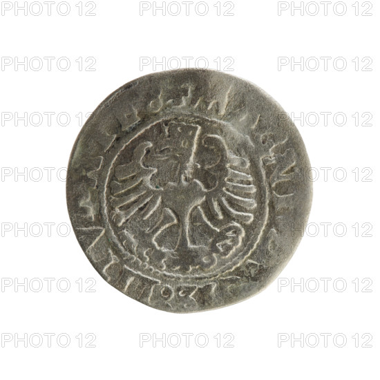 Lithuanian half-grosz, Sigismund I the Old (King of Poland; 1506–1548). Coin (Polish, Grand Duchy of Lithuania), dated 1526, minted in Vilnius. Obverse: Pogon (mounted knight) turned left; in the rim between pearly borders the inscription TA SIG I 1526. Reverse: Polish crowned eagle; in the rim between pearly borders the inscription + MAGNI IS:LITV I 1526. Emblems: Pogon, eagle.