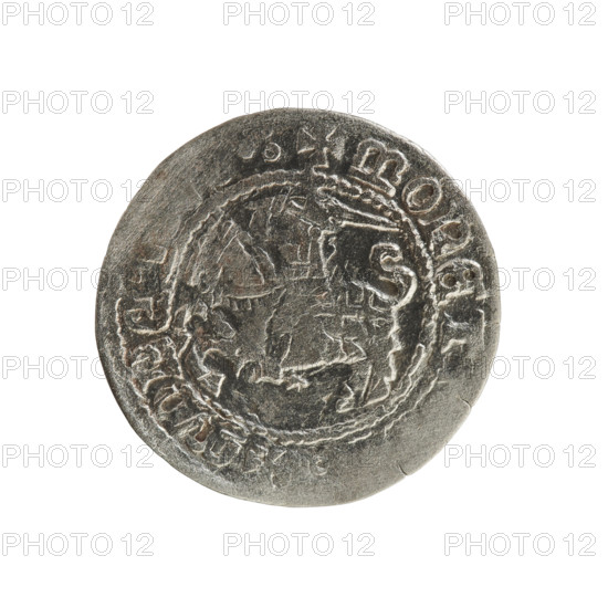 Lithuanian half-grosz, Sigismund I the Old (King of Poland; 1506–1548). Polish coin of the Jagiellon dynasty, 1508–1529. Obverse: Pogon (Lithuanian coat of arms) turned left; in the rim between pearly borders an inscription: + MONET +. Reverse: Polish crowned eagle; in the rim between pearly borders an inscription: NI:DVCI MONE]TVANIE:. Coin minted in Vilnius, Grand Duchy of Lithuania.
