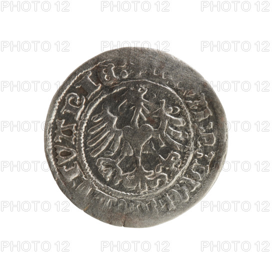 Lithuanian half-grosz, Sigismund I the Old (King of Poland; 1506–1548). Polish coin (Jagiellon dynasty), 1508–1529. Obverse: Pogon (Lithuanian coat of arms) turned left; inscription in rim between pearly borders: + MONET +. Reverse: crowned Polish eagle; inscription in rim between pearly borders: NI:DVCI MONE]TVANIE:. Material: coin. Place: Grand Duchy of Lithuania, Vilnius.