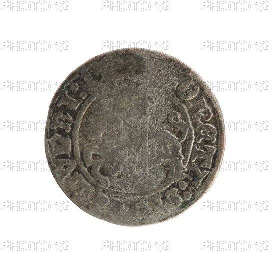 Lithuanian half-grosz of Sigismund I the Old (King of Poland, 1506–1548). Obverse: Pogon (Lithuanian mounted knight) turned left; rim between pearly borders with inscription ONETA:S, VNDI:1. Reverse: Polish crowned eagle; rim between pearly borders with inscription GNI:DVCI, :LITV. Dated 1508–1529. Minted in Vilnius, Grand Duchy of Lithuania (Poland). Topics: Polish coins; Jagiellon dynasty; emblems — eagle, Pogon.