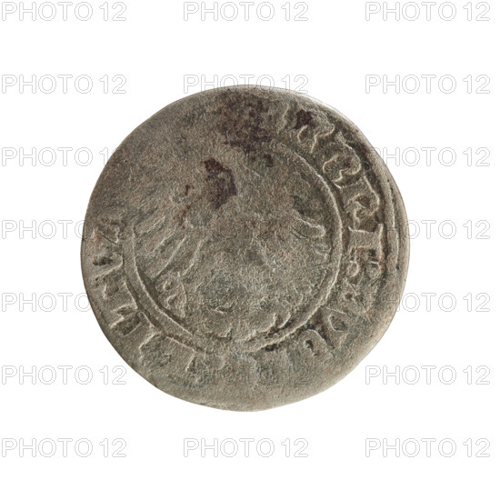 Lithuanian half-grosz, Sigismund I the Old (King of Poland; 1506–1548). Polish coin of the Jagiellon dynasty. Obverse: Pogon (Lithuanian coat of arms) turned left; in the rim between pearly borders an inscription: ONETA:S, VNDI:1. Reverse: crowned Polish eagle; in the rim between pearly borders an inscription: GNI:DVCI, :LITV. Dated 1508–1529. Minted in Vilnius, Grand Duchy of Lithuania (Poland).