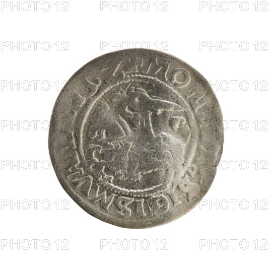 Lithuanian half-grosz, Sigismund I the Old (King of Poland; 1506–1548). Obverse: Pogon turned left; in the rim between pearly borders an inscription: + MON, :SIGISM, 15, Z. Reverse: Polish crowned Eagle; in the rim between pearly borders an inscription: + M, NI:D, IS:LITVANIE:, dated 1508–1522. Polish coin of the Jagiellon dynasty; emblems: Pogon (coat of arms, Lithuania) and Eagle (coat of arms). Minted in Vilnius, Grand Duchy of Lithuania. Role (classification) of the creator / mint: coin.