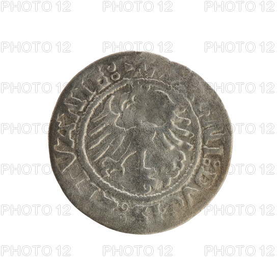 Lithuanian half-grosz, Sigismund I the Old (King of Poland; 1506–1548). Obverse: Pogon (Lithuanian coat of arms) turned left; in the rim between pearly borders an inscription: + MON, :SIGISM, 15, Z. Reverse: Polish crowned eagle; in the rim between pearly borders an inscription: + M, NI:D, IS:LITVANIE:. Date range: 1508–1522. Poland, Grand Duchy of Lithuania; Vilnius. Coin; Jagiellon dynasty; emblems: eagles, Pogon.