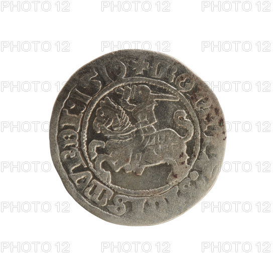 Lithuanian half-grosz, Sigismund I the Old (King of Poland; 1506–1548). Obverse: Pogon (Lithuanian coat of arms) turned left; rim between pearly borders inscribed '+ MONET, SMVNDI:1510'. Reverse: crowned Polish eagle; rim between pearly borders inscribed 'I:DVCIS:LITVANIE:'. Dated 1510. Silver coin from the Grand Duchy of Lithuania / Poland; Jagiellon dynasty; coats of arms: eagle and Pogon.