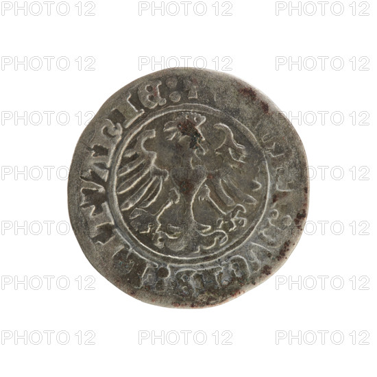 Lithuanian half-grosz, Sigismund I the Old (King of Poland; 1506–1548). Obverse: Pogon (Lithuanian coat of arms) turned left; in the rim between pearly borders an inscription: + MONET, SMVNDI:1510. Reverse: Polish crowned eagle; in the rim between pearly borders an inscription: I:DVCIS:LITVANIE:. 1510. Coin struck in Vilnius, Grand Duchy of Lithuania (Poland). Features coats of arms (eagle, Pogon).