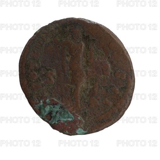 Marcus Aurelius (121–180; Roman emperor 161–180), (caesar 139–161); Antoninus Pius (86–161; Roman emperor 138–161) — issuer; Antoninus Pius (86–161; Roman emperor 138–161); Marcus Aurelius (heir to the throne; 138–161) — iconography: personifications, parazonium (attribute), helmets, Virtus (personification), spears. Obverse: Bust of Marcus Aurelius without a covering, in paludamentum, right; inscription: VRELIVS - CAES AVG P IF (all around). Reverse: Virtus stands right with his left foot on a lying helmet, holding a spear pointed down in his right hand and a parade dagger (parazonium) in his left; inscription: R POT XIII - , OS II (all around), in SC fields. Date: 159–160. Roman Empire (27 BC–476), Rome. Coin: dia. 25.5–26.5 mm; weight 8.30 g; axis 0°.