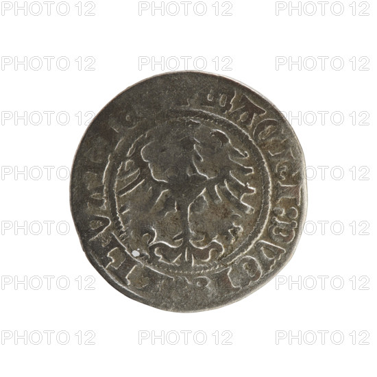 Lithuanian half-grosz (1508–1529), Sigismund I the Old (King of Poland, reign 1506–1548). Coin of the Jagiellon dynasty struck in Vilnius, Grand Duchy of Lithuania. Obverse: Pogon (Lithuanian coat of arms) turned left; rim inscription between pearly borders: ETA:SIGISMVNDI:1. Reverse: crowned Polish eagle; rim inscription between pearly borders: AGNI:DVCI, LITVA, 1508–1529.