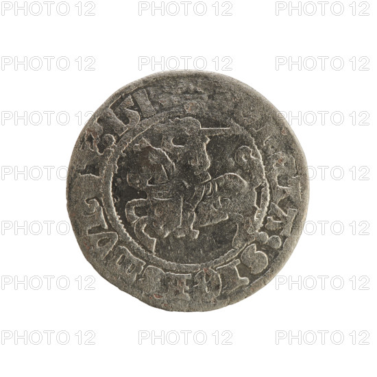 Lithuanian half-grosz, Sigismund I the Old (King of Poland; 1506–1548). Silver coin (half-grosz), dated 1510–1519. Obverse: Pogon (Lithuanian charging knight) turned to the left; in the rim between pearl borders an inscription: ONETA:SIGISMVN:I:151. Reverse: crowned Polish Eagle; in the rim between pearl borders an inscription: +, AGNI, DVCIS:LIT,E:.. Minted in Vilnius, Grand Duchy of Lithuania (Poland–Lithuania).