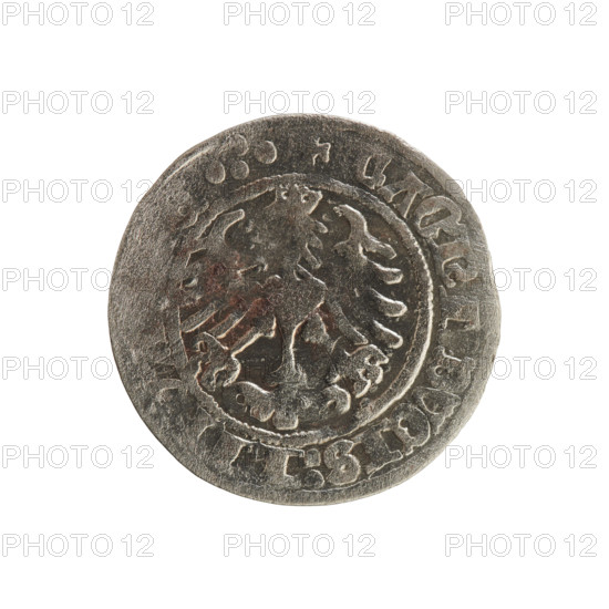 Lithuanian half-grosz, Sigismund I the Old (King of Poland; 1506–1548). Obverse: Pogon turned to the left; in the rim between pearl borders an inscription: ONETA:SIGISMVN, I:151. Reverse: Polish crowned Eagle; in the rim between pearl borders an inscription: +, AGNI, DVCIS:LIT, E.:. Date: 1510–1519. Materials/genre: coin. Place: Grand Duchy of Lithuania, Vilnius. Emblems: Pogon (Lithuania), Eagle (Poland). Dynasty: Jagiellons.