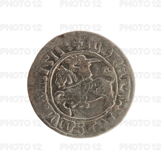 Lithuanian half-grosz, Sigismund I the Old (King of Poland; 1506–1548). Silver coin (half-grosz), 1511. Obverse: Pogon (Lithuanian coat of arms) turned left; rim with pearly borders and inscription '+ MONETA:SIGISMV I:1511'. Reverse: crowned Polish Eagle; rim with pearly borders and inscription 'MAGNI:DVCIS:LITVA, 1511'. Minted in Vilnius, Grand Duchy of Lithuania (Poland–Lithuania), Jagiellon period.