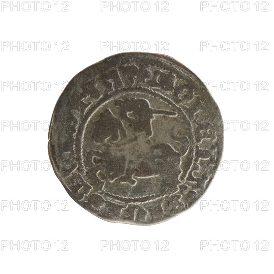 Lithuanian half-grosz, Sigismund I the Old (king of Poland; 1506–1548). Polish coin of the Jagiellon dynasty. Obverse: Pogon (Lithuanian coat of arms) turned left; in the rim between pearl borders an inscription: O, ETA:SIGISM. Reverse: Polish crowned eagle; in the rim between pearly borders an inscription: + MAGNI:, NIE:. Dated 1508–1529. Minted in Vilnius, Grand Duchy of Lithuania (Poland–Lithuania).