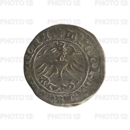 Lithuanian half-grosz, Sigismund I the Old (king of Poland; 1506–1548). Polish coin of the Jagiellon dynasty, c. 1508–1529. Obverse: Pogon (Lithuanian charging knight) turned left; in the rim between pearl borders an inscription: O ETA:SIGISM. Reverse: crowned Polish eagle; in the rim between pearl borders an inscription: + MAGNI:, NIE:. Material: coin; place: Grand Duchy of Lithuania, Vilnius.