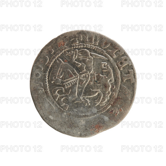 Lithuanian half-grosz, Sigismund I the Old (King of Poland; r. 1506–1548). Obverse: Pogon (Lithuanian coat of arms) turned left; in the rim between pearly borders an inscription: + MONET. Reverse: crowned Polish Eagle; in the rim between pearly borders an inscription: GNI:DVCIS:LIT. Dated 1508–1529. Coin; Grand Duchy of Lithuania, Vilnius. Polished style references: Jagiellon dynasty; coats of arms: Pogon and Eagle.