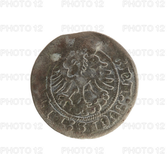 Lithuanian half-grosz, Sigismund I the Old (King of Poland; 1506–1548). Polish coin of the Jagiellon dynasty. Obverse: Pogon (Lithuanian coat of arms) turned left; in the rim between pearly borders an inscription: + MONET. Reverse: Polish crowned eagle; in the rim between pearly borders an inscription: GNI:DVCIS:LIT. Date: 1508–1529. Minted in Vilnius, Grand Duchy of Lithuania.