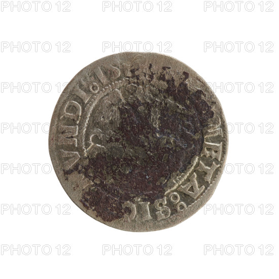 Lithuanian half-grosz, Sigismund I the Old (King of Poland; 1506–1548). Polish coin (Jagiellon dynasty), 1508–1529. Obverse: Pogon (Lithuanian charging knight) turned left; rim between pearl borders with inscription NETA:SIGVNDI:15. Reverse: Polish crowned eagle; rim between pearl borders with inscription AGNI:DVCI,VANIE:. Made in Vilnius, Grand Duchy of Lithuania (Poland–Lithuania).