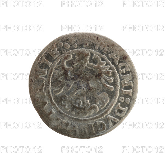 Lithuanian half-grosz (half grosz), Sigismund I the Old (King of Poland, 1506–1548). Polish coin of the Jagiellon dynasty; silver; 1508–1529. Obverse: Pogon (Lithuanian knight emblem) turned left; in the rim between pearl borders an inscription: NETA:SIGVNDI:15. Reverse: crowned Polish eagle; in the rim between pearl borders an inscription: AGNI:DVCI,VANIE:. Minted in Vilnius, Grand Duchy of Lithuania (Poland–Lithuania).