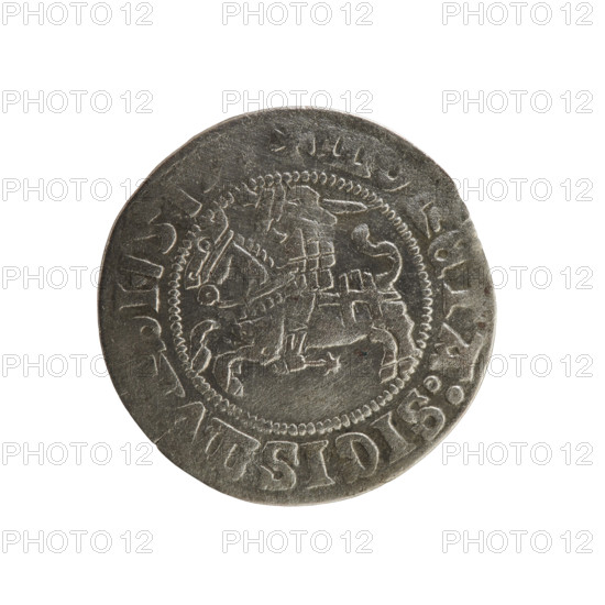 Lithuanian half-grosz, Sigismund I the Old (king of Poland; 1506–1548). Obverse: Pogon turned left; in the rim between pearl borders an inscription: + M, ETA:SIGISMV, I:151. Reverse: Polish crowned Eagle; in the rim between pearly borders an inscription: + MAGNI:DVCIS, LITVANI, .:., 1517–1519. Polish coin of the Jagiellon dynasty, emblems: Pogon and Eagle. Minted in Vilnius, Grand Duchy of Lithuania.