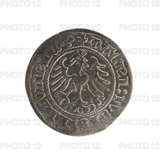 Lithuanian half-grosz of Sigismund I the Old (reigned 1506–1548). Obverse: Pogon (Lithuanian mounted knight) turned left; in the rim between beaded borders an inscription: + M, ETA:SIGISMV, I:151. Reverse: Polish crowned Eagle; in the rim between beaded borders an inscription: + MAGNI:DVCIS, LITVANI, .:., 1517–1519. Coin struck in Vilnius, Grand Duchy of Lithuania; features emblems of the Jagiellon dynasty.