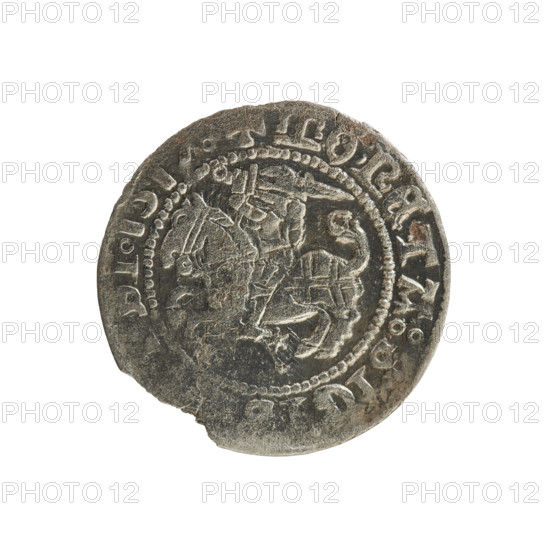 Lithuanian half-grosz, Sigismund I the Old (King of Poland; 1506–1548). Polish coin (Jagiellon dynasty). Obverse: Pogon (Lithuanian charging knight) turned left; in the rim between pearl-shaped borders an inscription: MO NETA:SIG I:151. Reverse: Polish crowned eagle; in the rim between pearl-shaped borders an inscription: + MAGNI:DVCI T NIE:. Dated 1510–1519. Minted in Vilnius, Grand Duchy of Lithuania (Poland–Lithuania).