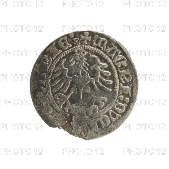 Lithuanian half-grosz, Sigismund I the Old (King of Poland; 1506–1548). Silver coin (half-grosz), c. 1510–1519, struck in Vilnius, Grand Duchy of Lithuania. Obverse: Pogon (Lithuanian mounted knight) turned left; rim between pearl-shaped borders with inscription including MO NETA:SIG I:151. Reverse: crowned Polish Eagle; rim between pearl-shaped borders with inscription including + MAGNI:DVCI T NIE:. Emblems: Pogon, Eagle. Jagiellon dynasty, Polish–Lithuanian coin.